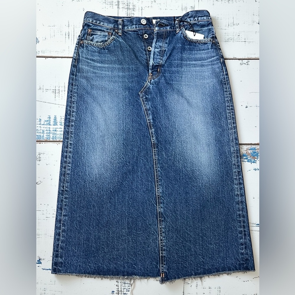 Moussy Vintage Denim Skirt M Button Fly Distressed Y2K Midi Raw Edge Japan